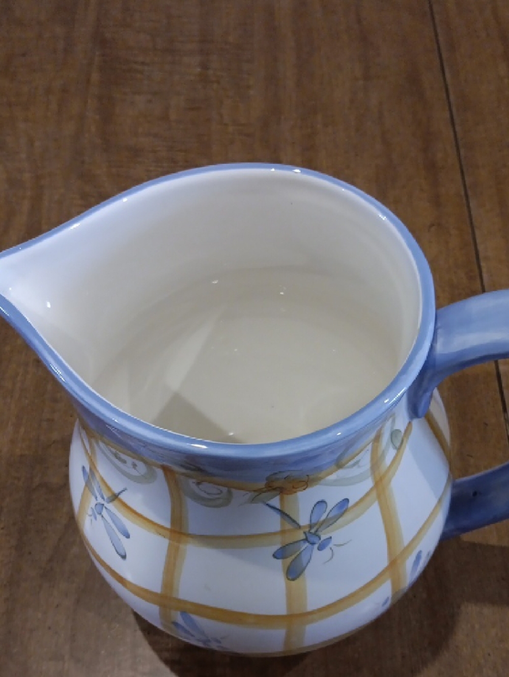 Hand-Painted Blue & Yellow Check Ceramic Pitcher - Picture 4 of 5